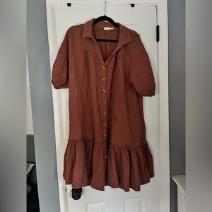 Rust Muslin Puff Sleeve Dress